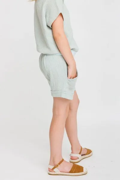 Babbily Babbily Kinder Sommer Shorts mit Komfortbund - Bio-Musselin, Grün minze, – Produktbild 3 von 4