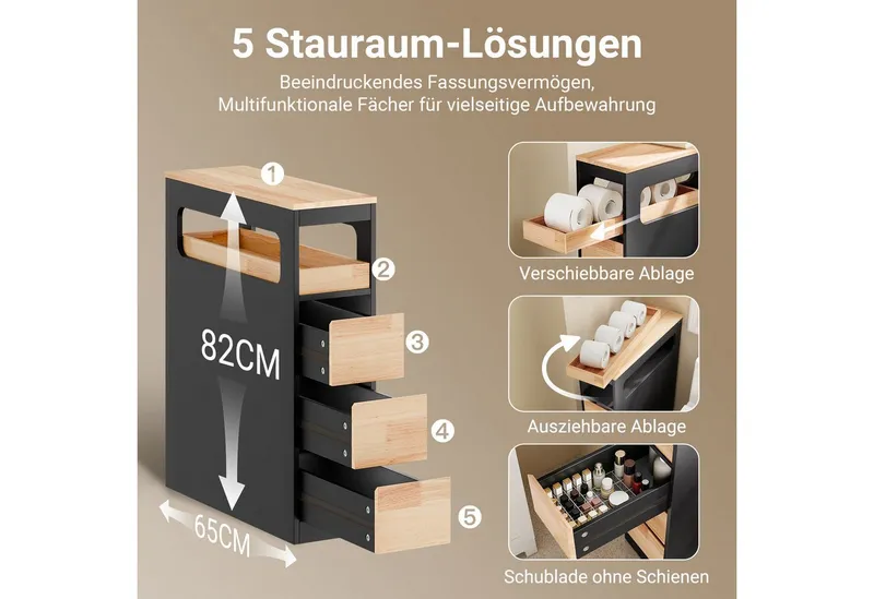 SoBuy Beistellwagen BZR54, Badezimmerschrank mit Rollen, Badschrank schmal, Kommode, Küchenwagen schmal Nischenwagen Badezimmerregal mit Rädern, ausziehbar, Schwarz, – Produktbild 3 von 5