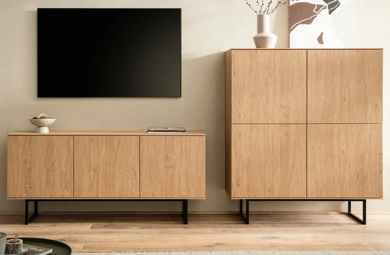 Furn.Design Wohnwand Breda, (Wohnzimmer Set in Stone Eiche Dekor, 2-teilig, ca. 280 cm), 14 Fächer, Push-To-Open-Funktion, Beige, – Produktbild 2 von 5