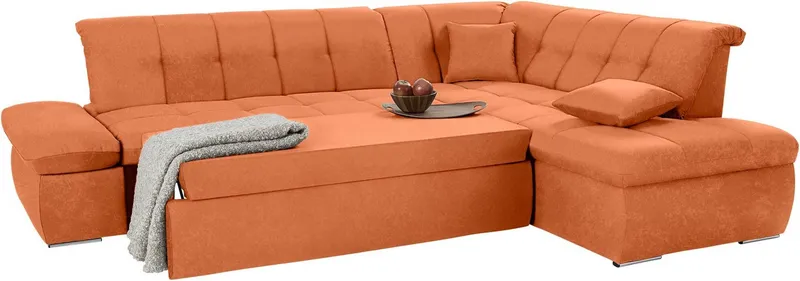 DOMO collection Ecksofa NMORIC inkl. Zierkissen 273x216x80 cm L-Form, Ottomanen-Abschluss, wahlweise mit Bettfunktion und Armlehnverstellung, Orange, – Produktbild 6 von 6