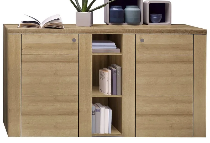 OTTO home Sideboard Larona, zeitlose Kommode mit 2 Türen, Türkommode, Breite 155 cm, Höhe 84 cm, viel Stauraum, Anrichte mit dekorativer Rahmenoptik, Beige, – Produktbild 2 von 5