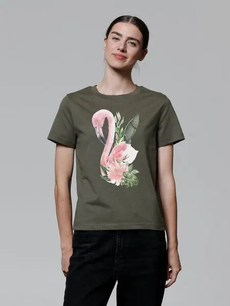 watapparel watapparel T-Shirt Frauen Flamingo mit Blumen, Khaki, – Produktbild 2 von 3
