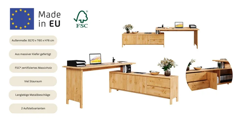 OTTO home Schreibtisch Luven, aus Massivholz, in 2 Breiten, variable Nutzung als Schreibtisch oder Eckschreibtisch, Beige, – Produktbild 8 von 8