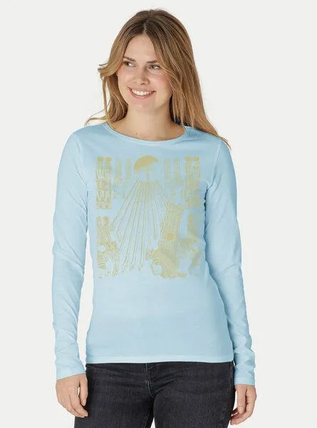 Peaces.bio - handbedruckte Biomode Peaces.bio - handbedruckte Biomode Langarmshirt Damen Sonnenscheibe Aton, Hellblau, – Produktbild 2 von 3