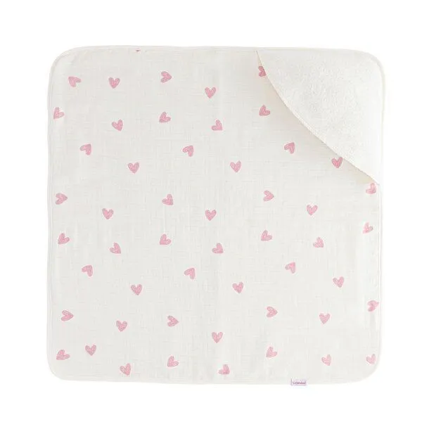 Bebekevi Bebekevi Baby Kapuzenbadetuch 75 × 75 cm aus Musselin & Frottee | Weiche Musselin-Innenseite | inkl. Waschhandschuh | Gemustert, Naturweiß herzen, – Produktbild 1 von 4