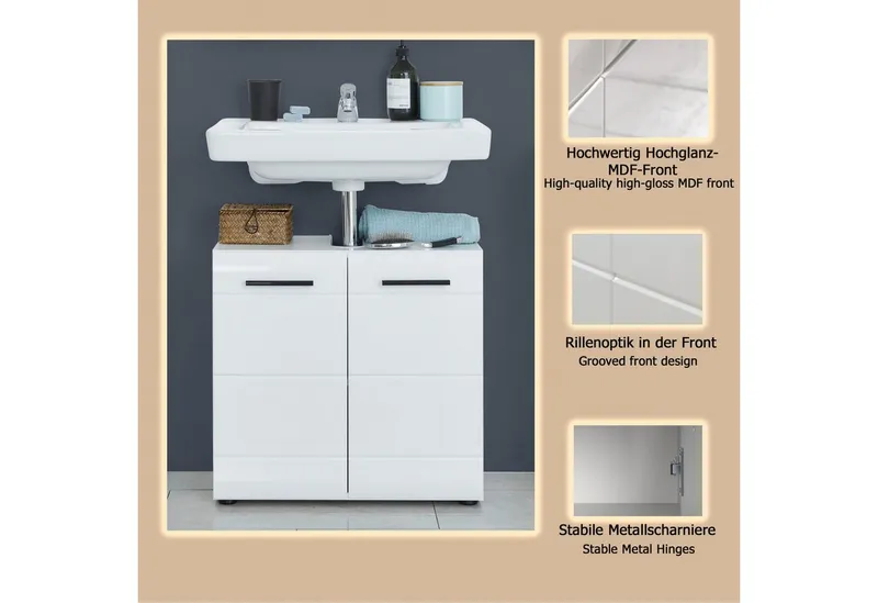 welltime Waschbeckenunterschrank Sovana Waschtisch mit verstellbarem Fach - Maße (B/T/H) 60/31/56 cm, Weiß, – Produktbild 3 von 3