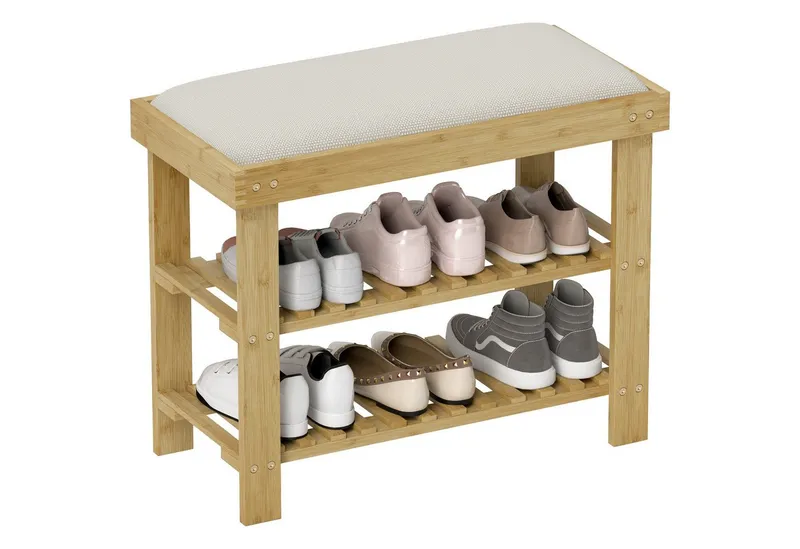 HOMCOM HOMCOM Schuhbank Bambus Sitzbank, Schuhregal 2 Fächer, Garderobenbank, 60x29x49cm (Schuhregal aus Bambus, 1-St., Schuhbank mit Sitzfläche), für Wohnzimmer, Flur, Cremeweiß+Naturholz, Weiß, – Produktbild 2 von 5