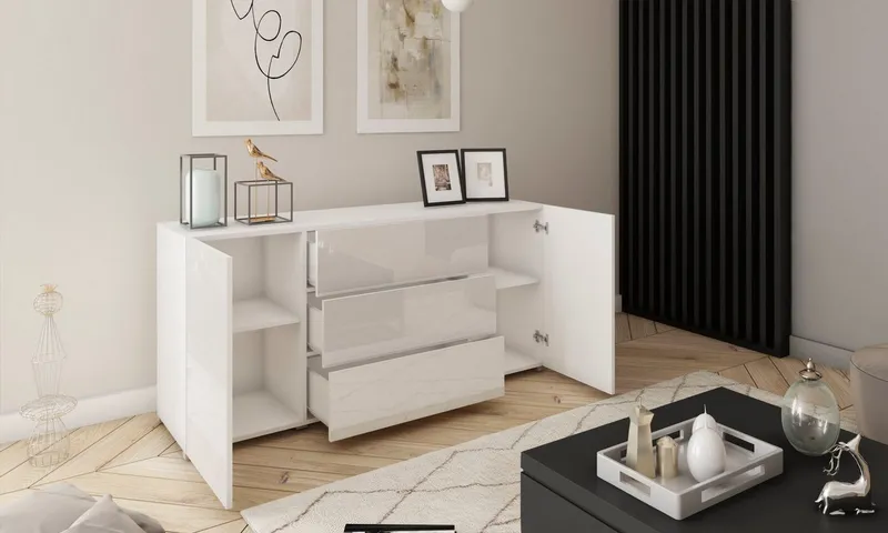 Home affaire Sideboard BERLIN, Moderne grifflose Kommode Breite 150 cm, 4 Schubkästen/ 2 Türen, Weiß, – Produktbild 5 von 7
