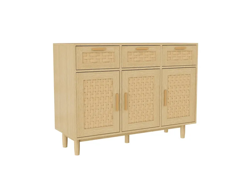 Simurq Sideboard Küchenschrank mit Rattangeflecht,3 Türen & 3 Schubladen,108x40x80 cm (2 Pakete, Aufbewahrungsschrank für Küche, Esszimmer, Rattan Kommode mit Verstellbaren Ablagen,Buffetschrank), Platzsparend,Pflegeleicht,Stabil,Verstellbare Einlegeböden, Natur, – Produktbild 4 von 5