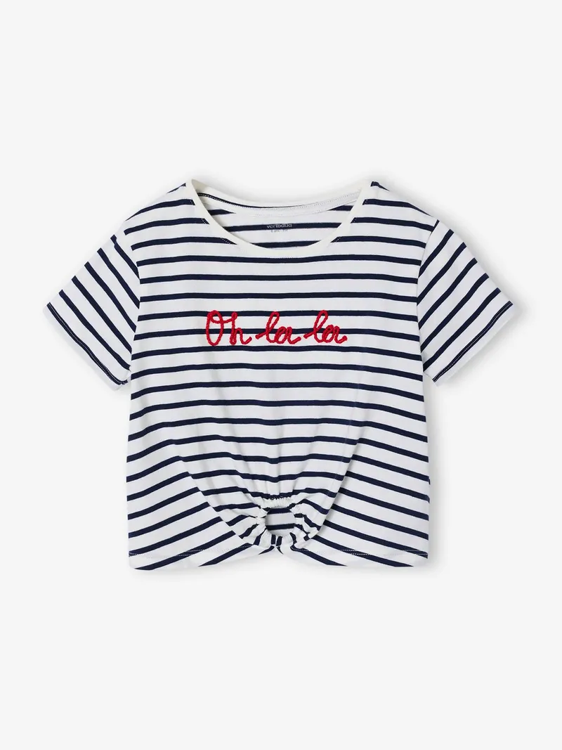 Vertbaudet T-Shirt mit Zierknoten am Saum für Mädchen, Blau gestreift, – Produktbild 1 von 2