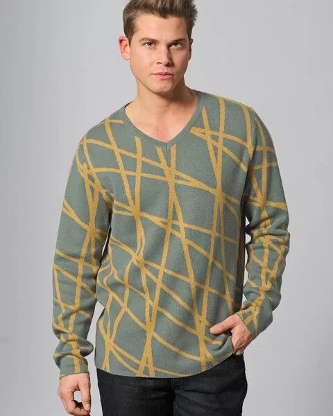 HempAge HempAge V-Kragen Pullover mit Muster Hanf/Biobaumwolle, Thyme-dijon (grün), – Produktbild 2 von 3