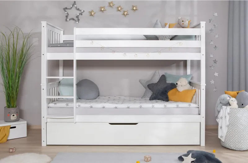 TICAA TICAA Etagenbett Sammy, umbaubar zu 2 Einzelbetten, edles Design im Landhausstil (90x200cm), inklusive Schubkasten, 2x Rollrost, zertifiziertes Massivholz Kiefer, Weiß, – Produktbild 5 von 5
