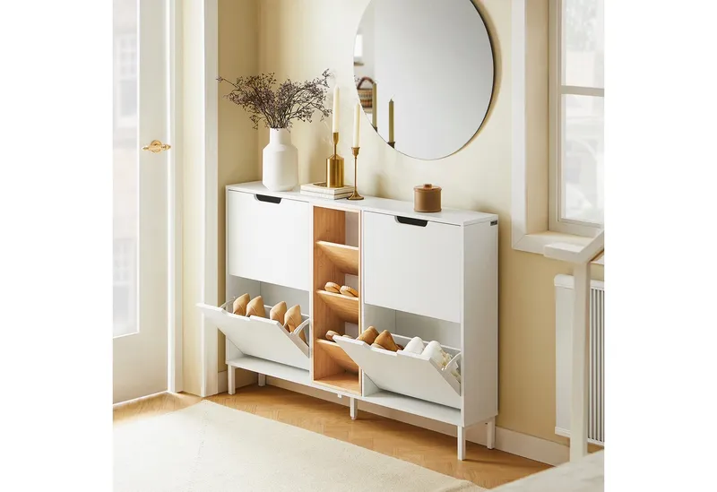 SoBuy Schuhschrank FSR183, Schuhschrank schmal, Flurschrank mit zusätzlichen Fächern Schuhschrank Schuhkipper mit 4 Klappen Schuhregal Schuhkommode, Weiß, – Produktbild 2 von 5
