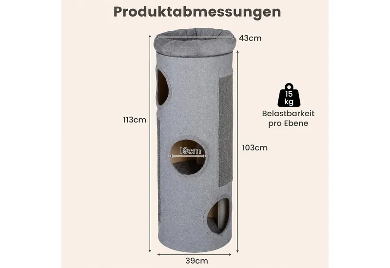 COSTWAY COSTWAY Kratzbaum Katzentonne mit 3 Höhlen, 4 Ebenen Katzentonne, 113 cm hoch, Grau, – Produktbild 3 von 7