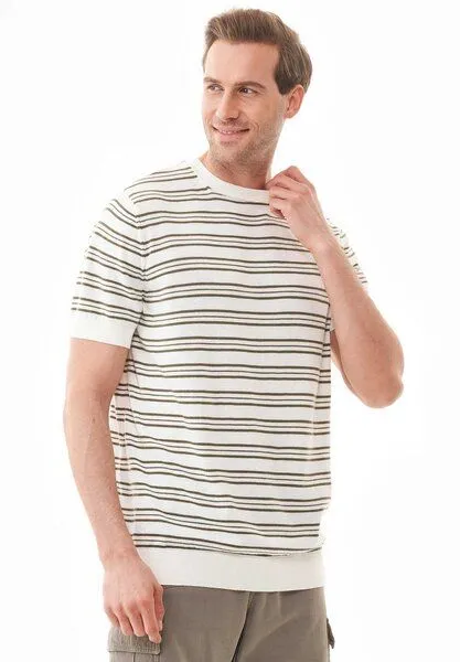 ORGANICATION ORGANICATION Feinstrick-T-Shirt aus Bio-Baumwolle mit Streifen, Off white/khaki, – Produktbild 1 von 4