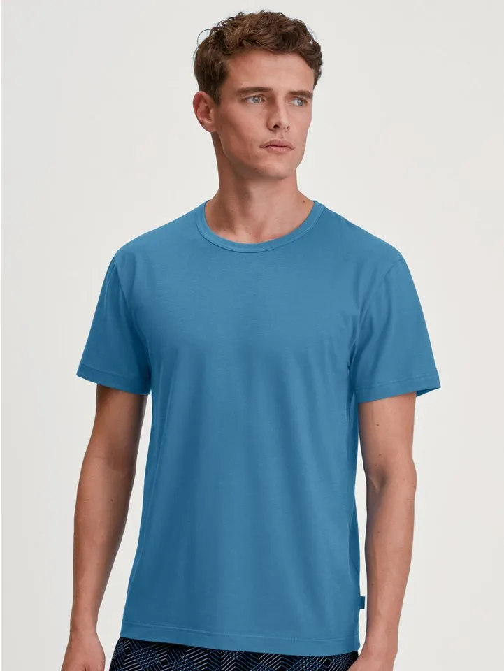 CALIDA CALIDA T-Shirt RMX Sleep Holiday Baumwolle, basic, unifarben, bequem, Kurzarm, Rundhalsausschnitt, Blau, – Produktbild 3 von 4