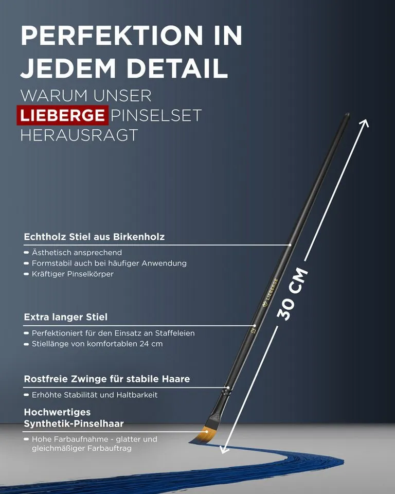 LIEBERGE Malpinsel Premium Set – 12 Langpinsel für Acryl, Aquarell, Öl, inkl. Präsenter, (Set, 12 St., Pinselpräsenter, Flachpinsel, Fächerpinsel, Rundpinsel, Schrägpinsel), langer Stiel, Synthetikhaar, vegan, hohe Farbaufnahme, Profis, Schwarz, – Produktbild 5 von 5