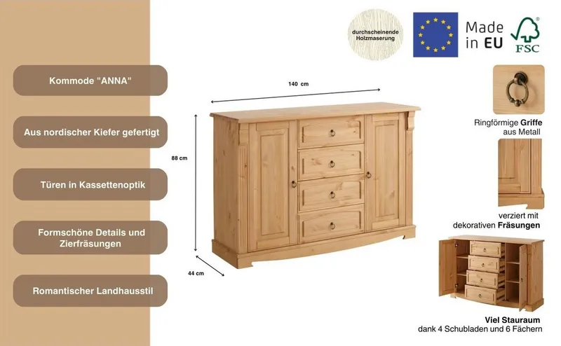 OTTO home Sideboard Anna, Kommode, im Landhausstil, Made in EU (Gesamtmaße (B/T/H): ca. 140/44/88 cm), Kommode, Breite 140 cm, 4 Schubladen, 2 Türen, Massivholz, FSC®, Beige, – Produktbild 4 von 5