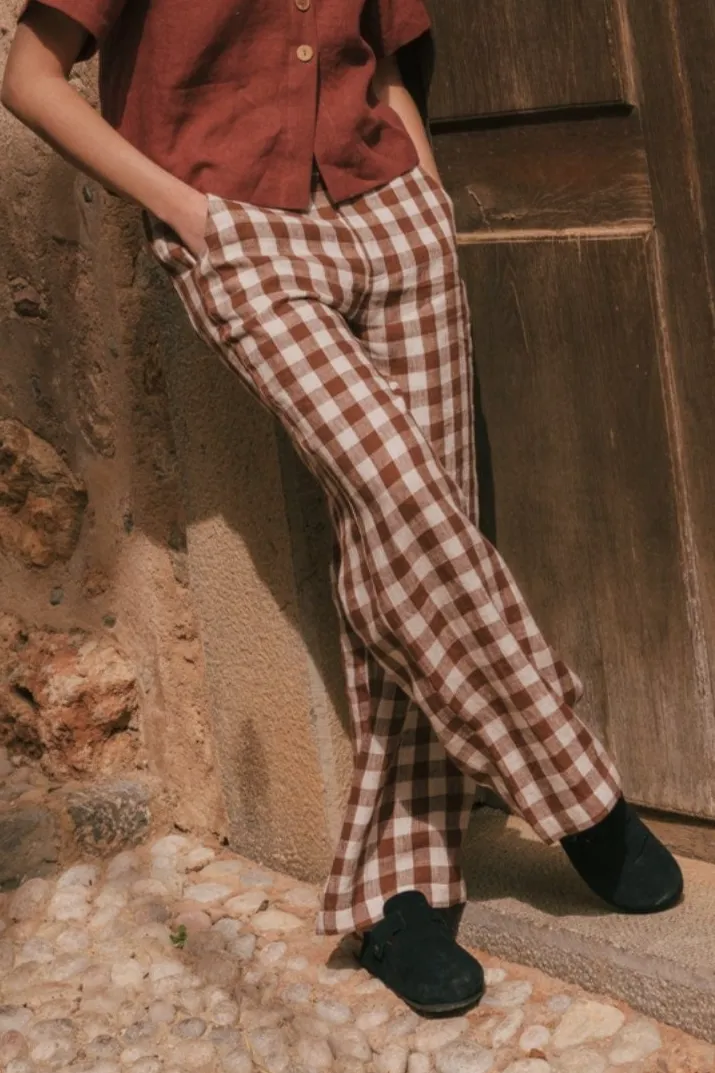AmourLinen AmourLinen Damen vegan Hose Straight Barbora Mocha Gingham, Braun, – Produktbild 2 von 2