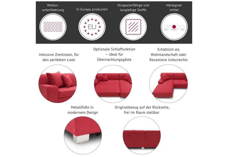 DOMO collection Ecksofa TURAH 239x152 cm, inkl. Zierkissen, moderne Steppung, wahlw. mit Bettfunktion, L-Form, Unser Dauertiefpreis, Schwarz, – Produktbild 3 von 5