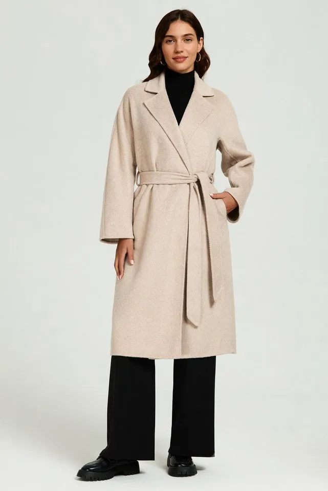 FS Collection Langmantel Damen Oversize-Mantel Langmantel aus Wollgemisch Beige S-XL Bindegürtel, Seitentaschen, handgefertigt, ungefüttert – Produktbild 1 von 4
