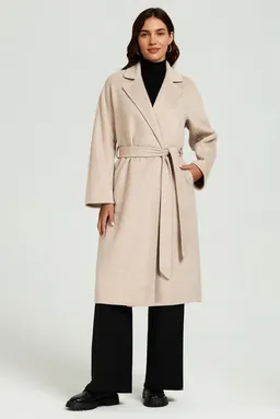 FS Collection Langmantel Damen Oversize-Mantel Langmantel aus Wollgemisch Beige S-XL Bindegürtel, Seitentaschen, handgefertigt, ungefüttert – Produktbild 1 von 1