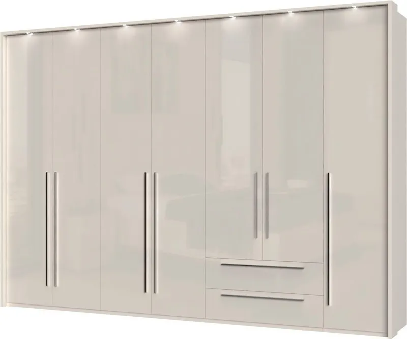 OTTO home Drehtürenschrank Piano, inklusive Rahmen und Beleuchtung, soft-close-Funktion (viele Breiten zur Auswahl, 226cm hoch, mit jeweils 2 Schubladen) beige oder weiß, UV lackiert, Hochglanzfronten, FSC-zertifiziert, Beige|grau, – Produktbild 3 von 8