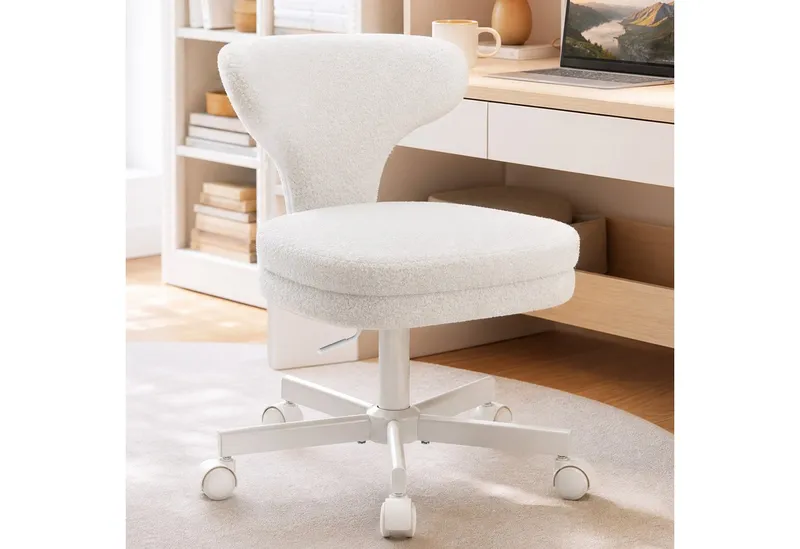 COMHOMA Bürostuhl Homeoffice Stuhl Schminkstuhl mit Rollen, Drehstuhl, mit Umschließender Rückenlehne und Zweilagiges Sitzkissen, Weiß, – Produktbild 1 von 5