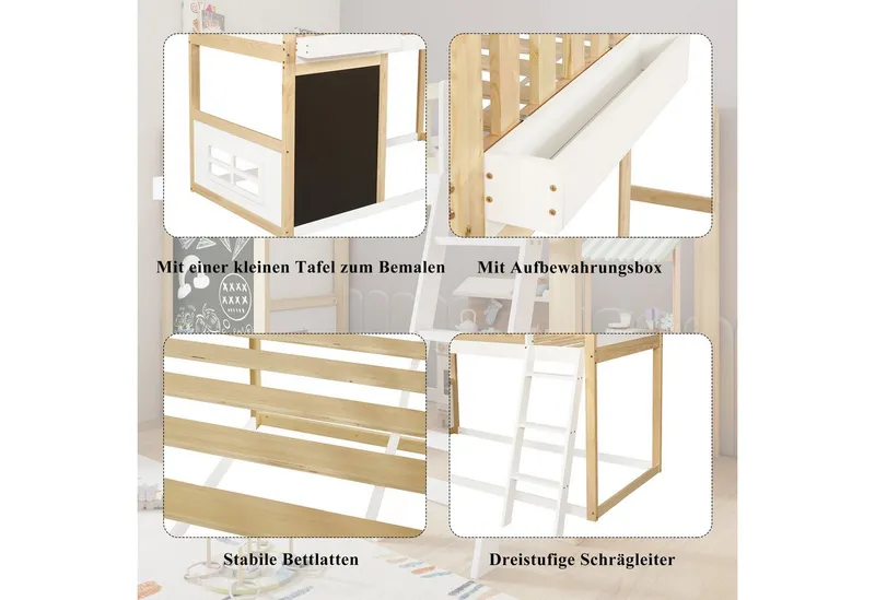 Merax Hochbett (1-St., Jugendbett Einzelbett) Kinderbett 90x200cm mit Tafel, Leiter, Aufbewahrungsbox & Stauraum, Weiß, – Produktbild 4 von 4