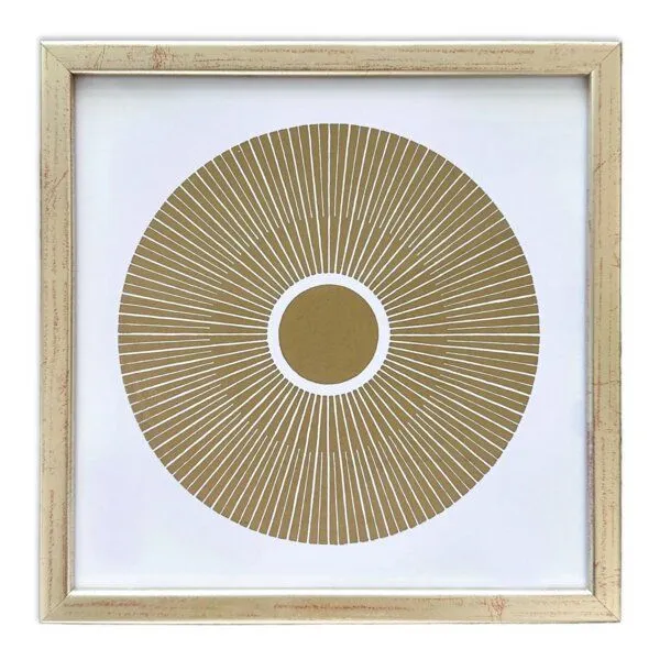 Veskor Cassiopeia Veskor Cassiopeia Gerahmt | CENTRAL SUN Heilige Geometrie Sonnen-Linoldruck | 20 × 20 cm in 22 × 22 cm Rahmen | Gold, Weiß, – Produktbild 1 von 4