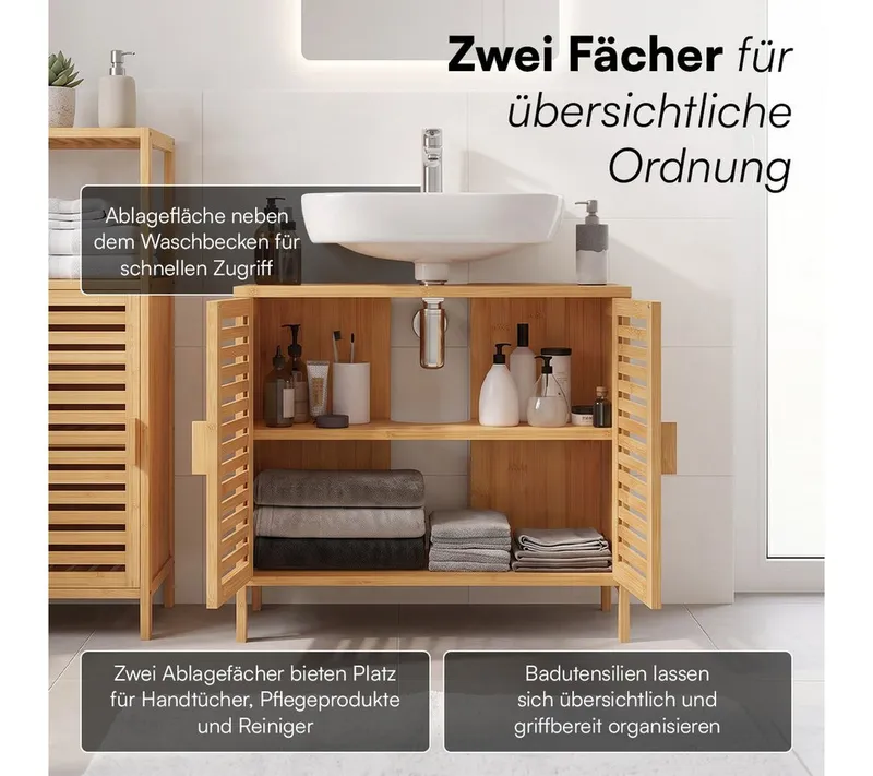 Bellamio Waschbeckenunterschrank Newa, Badezimmerschrank mit zwei Ablagefächern (mit Flügeltüren, 1-St) aus natürlichem Bambus, robst und langlebig, Braun, – Produktbild 5 von 8