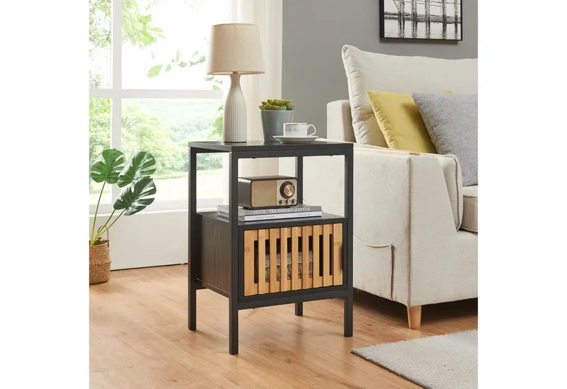 en.casa Nachttisch, »Luniehti« 58 x 40 x 33 cm mit Metallgestell Schwarz/Natur, Schwarz, – Produktbild 2 von 4