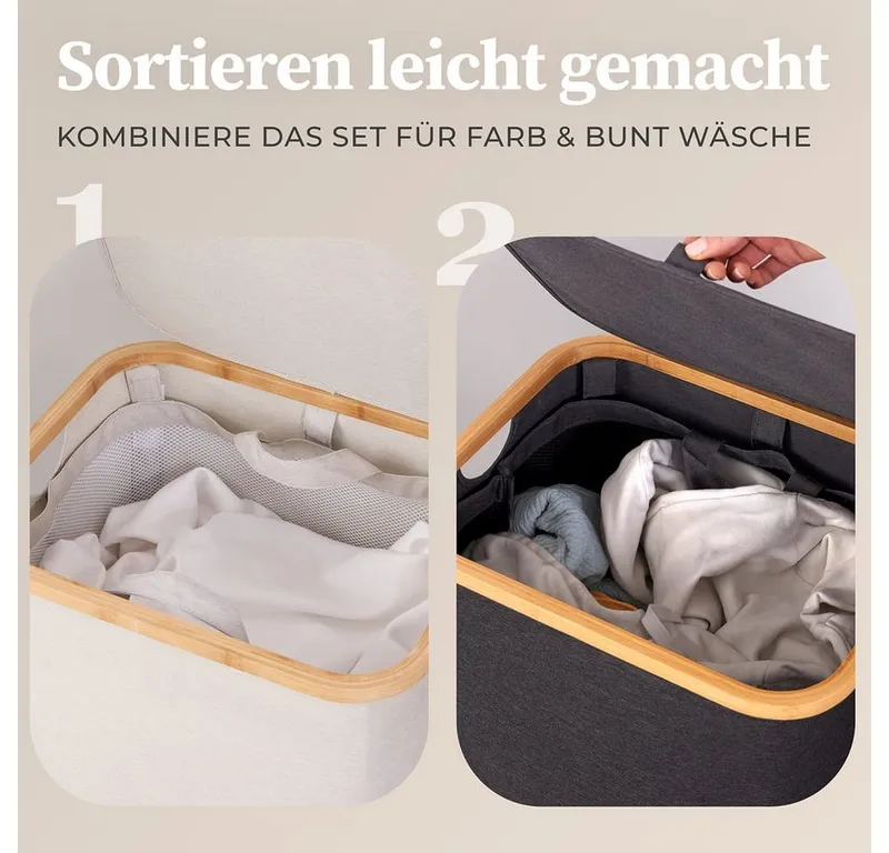 HENNEZ Wäschekorb mit Griff aus Bambus, 100 l – Wäschekorb mit Deckel, Beige|weiß, – Produktbild 4 von 5