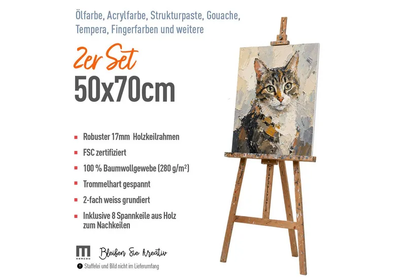 M MERCEO Leinwand Künstlerleinwand 50x70cm 2er Set - Weiße Leinwand zum Bemalen, 2er-Set Leinwand 50x70cm (zum Bemalen, Baumwolle, Keilrahmen, Weiß, – Produktbild 2 von 5