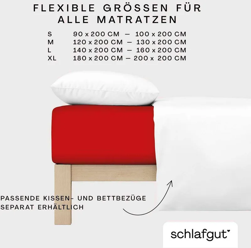 Schlafgut Schlafgut Spannbettlaken CASUAL Bettlaken 100% gekämmte Bio-Baumwolle, 150 g/m², Spannbetttuch, Jersey, Gummizug: rundum, (1 Stück), Bettlaken bis 25 cm Höhe, langlebig, weich, Antipilling-Ausrüstung, Rot, – Produktbild 1 von 5