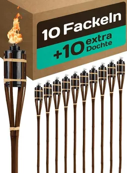 Praknu Gartenfackel 10 Garten Fackeln für Draußen aus Bambus Holz 90cm - Lange Brenndauer, Lange Brenndauer, wetterfest, wiederbefüllbar, mehrfach nutzbar, dekorative Beleuchtung für Garten & Events, Feuer, langlebig, nachfüllbar, inkl. Ersatzdochte, windstabil – Produktbild 1 von 1