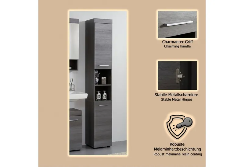welltime Hochschrank Royan Hochschrank mit 2 Türen & 2 Fächern - (B/T/H) 30/31/190 cm, Grau|silberfarben, – Produktbild 1 von 4