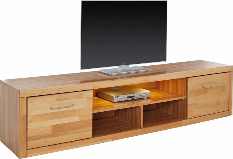 OTTO home Lowboard Logo,200cm breit,42 cm tief, Fronten Massivholz, Kabeldurchführung, Korpus Holzwerkstoff,2 Klappen, 5 Fächer, Metallgriffe, Braun, – Produktbild 5 von 5