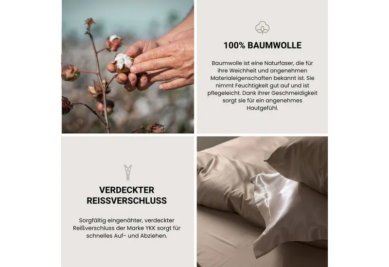 Schiesser Schiesser Bettwäsche Ella seidenmattes Bettwäscheset aus feinstem Baumwollsatin, Satin, 2 teilig, OEKO-TEX® MADE IN GREEN, Beige, – Produktbild 5 von 7