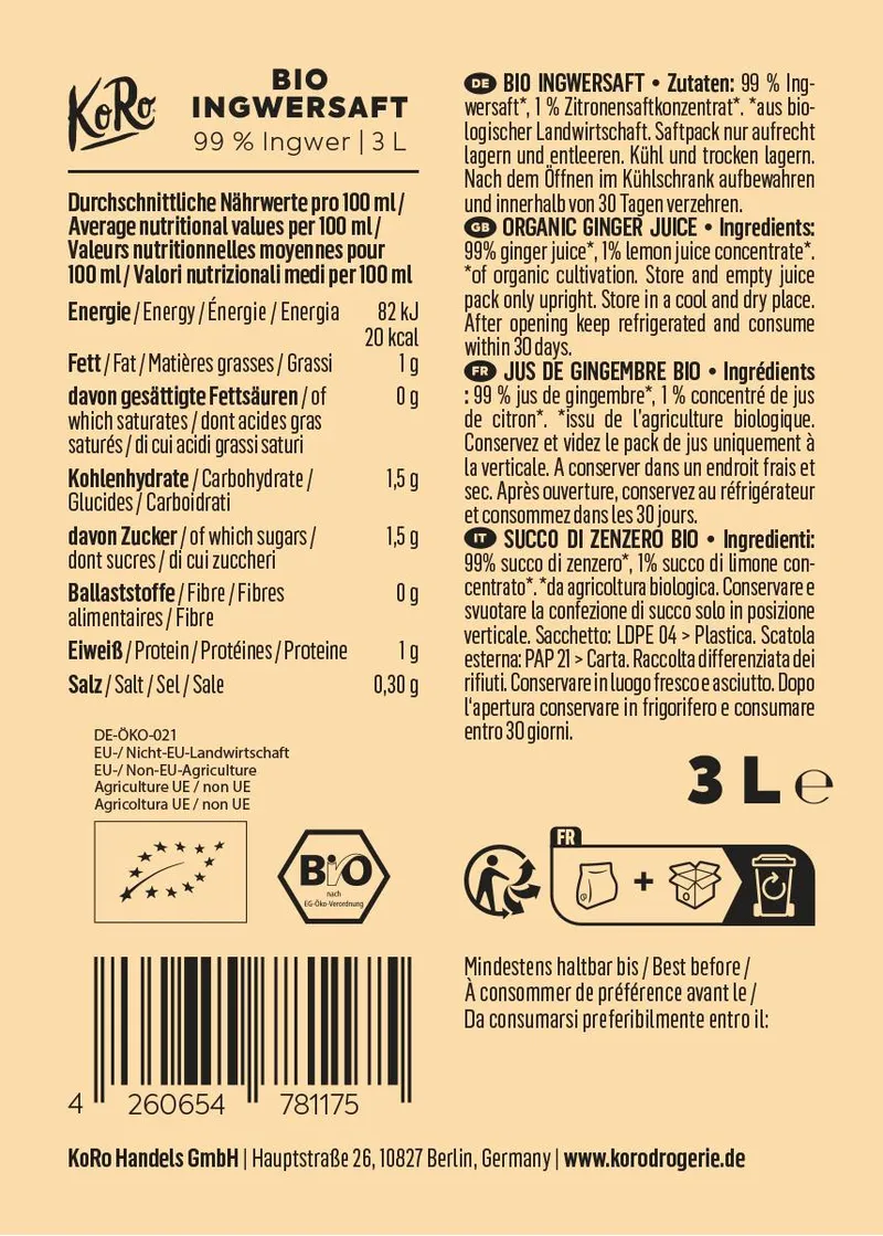 KoRo Bio Ingwersaft Bag-in-Box 3 L – Produktbild 3 von 4