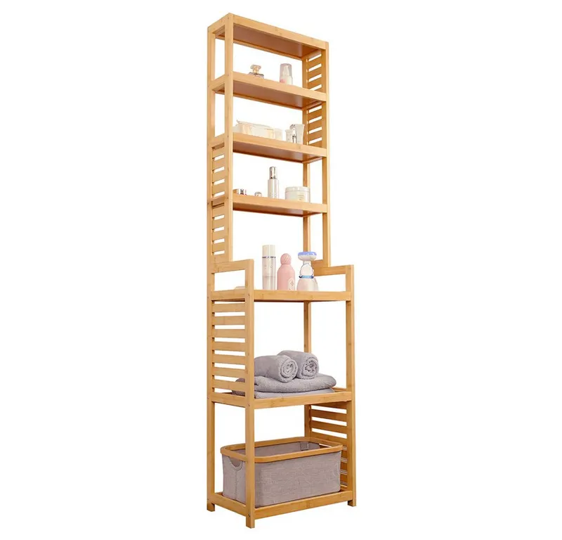 WAOHO Standregal Badezimmerregal Bambus-Bodenständer, Bambus-Regal, 7 Etagen, Beige, – Produktbild 2 von 5