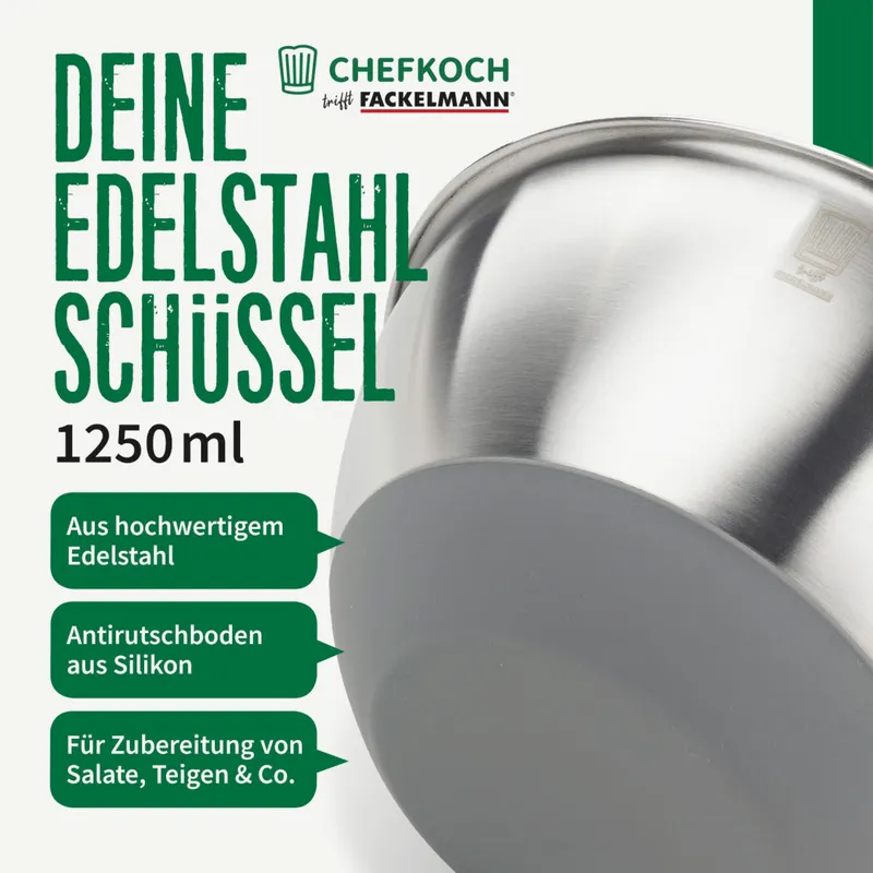 Chefkoch trifft Fackelmann Chefkoch trifft Fackelmann Schüssel, 1,25 l, Edelstahl – Produktbild 1 von 3