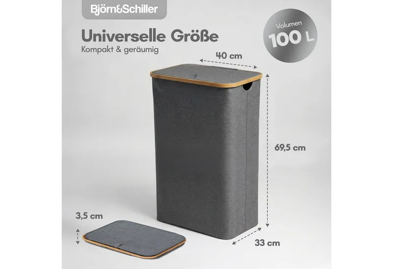 Björn&Schiller Wäschekorb Wäschesammler mit Deckel Oxford-Gewebe, robust und leicht, mit 2 Fächern, 100 L ideal für Badezimmer, Grau, – Produktbild 5 von 5