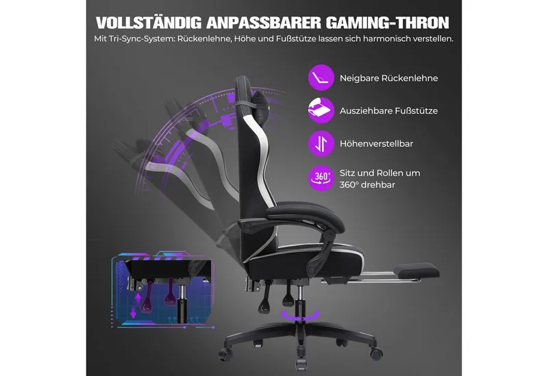 GTPLAYER Gaming-Stuhl Ergonomischer Gaming Sessel Schreibtischstuhl aus Stoff/Kunstleder (Packung), Federsitzkissen mit Fußstütze, Schwarz, – Produktbild 3 von 5