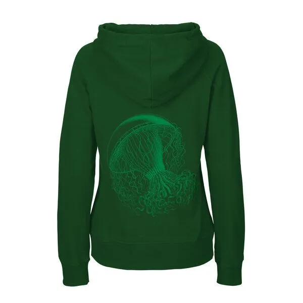 HANDGEDRUCKT HANDGEDRUCKT "Medusa" Frauen HOODY aus reiner Biobaumwolle (kbA), Bottlegreen, – Produktbild 1 von 4