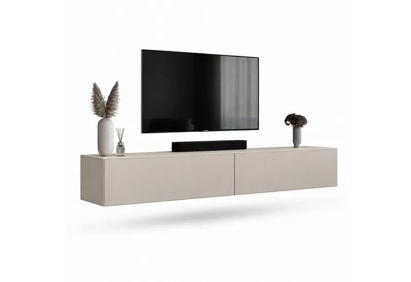 Planetmöbel TV-Schrank West TV-Board, Fernsehtisch 200 cm lang, TV-Lowboard (für Fernseher bis 55 Zoll, TV Schrank viel Stauraum, sideboard hängend, Fernsehschrank 2x 100 x 30 x 37,5 cm) kaschmir, Beige, – Produktbild 1 von 4