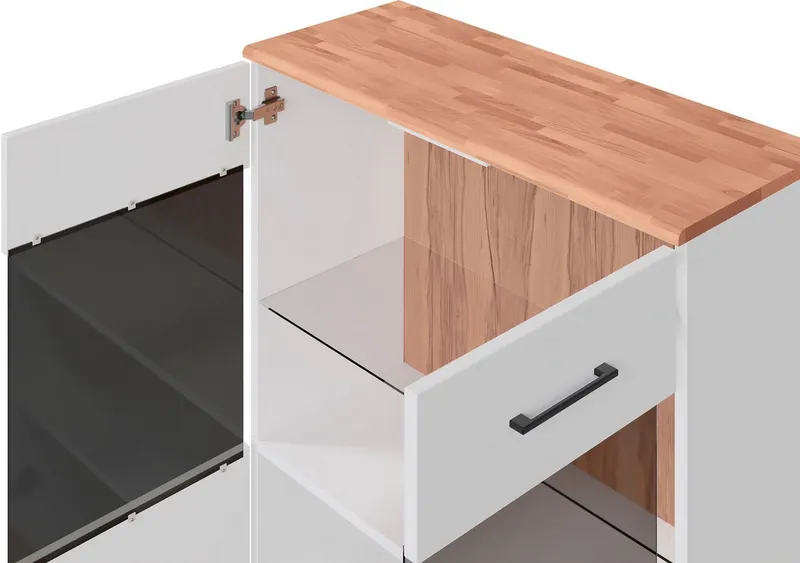 OTTO home Vitrine Ribe, 125 cm hoch, Fronten Massivholz, 4 breite Fächer Korpus Holzwerkstoff, 2Türen mit Glaseinsatz, einlegeboden verstellbar, Weiß, – Produktbild 4 von 5