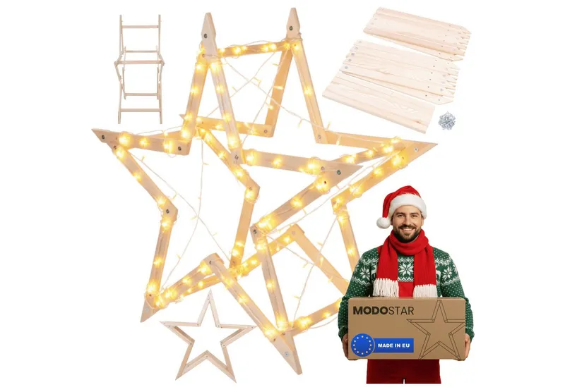 Modo24 Dekostern DIY MODOSTAR Weihnachtsstern Set aus FSC Holz 2D und 3D in 3 Breiten, zum Garten & Terrasse, wetterfest, faltbar & stabil, Weihnachtsdeko, Weiß, – Produktbild 6 von 6