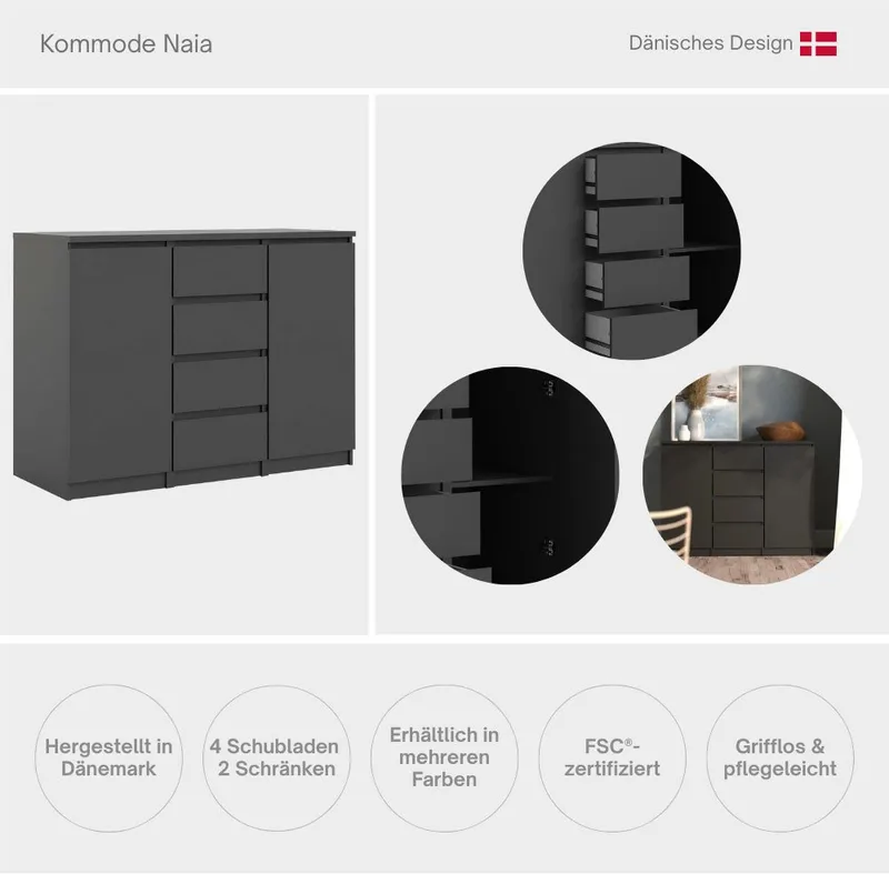 Home affaire Kommode Naia - 4 Schubladen & 2 Türen, grifflose Front, Made in Denmark (Breite: 121 cm, in mehreren Farben), Sideboard, skandinavisches & modernes Design mit viel Stauraum, Weiß, – Produktbild 8 von 8
