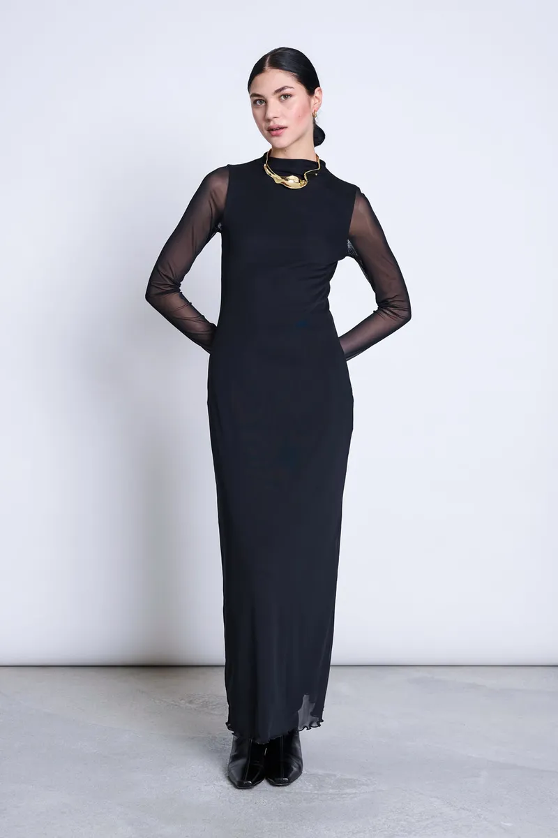 JAN N JUNE JAN N JUNE Damen vegan Zaldi Langarm-Kleid Aus Netzstoff, Schwarz, – Produktbild 2 von 2